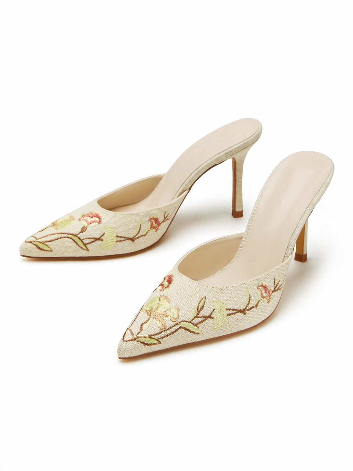Beige Woven Canvas Pointed-Toe Flower Embroidery Slip-On High Heels