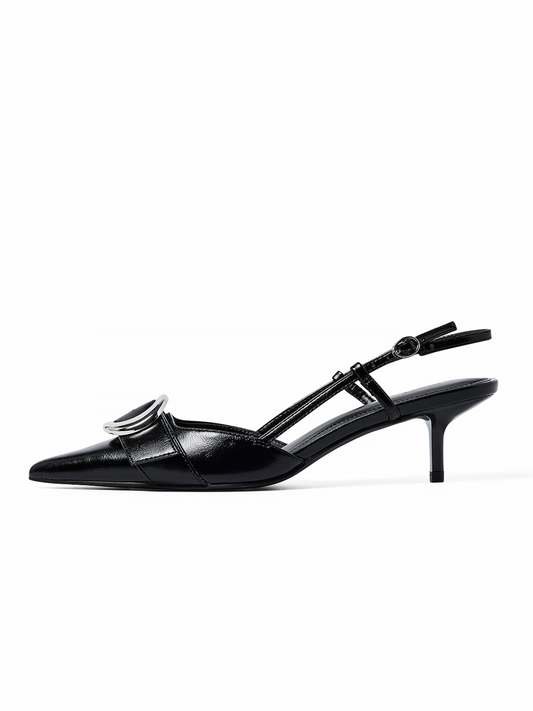 Patent Black Pointed-Toe Slingback Pump Kitten Heels With Circular Buckle