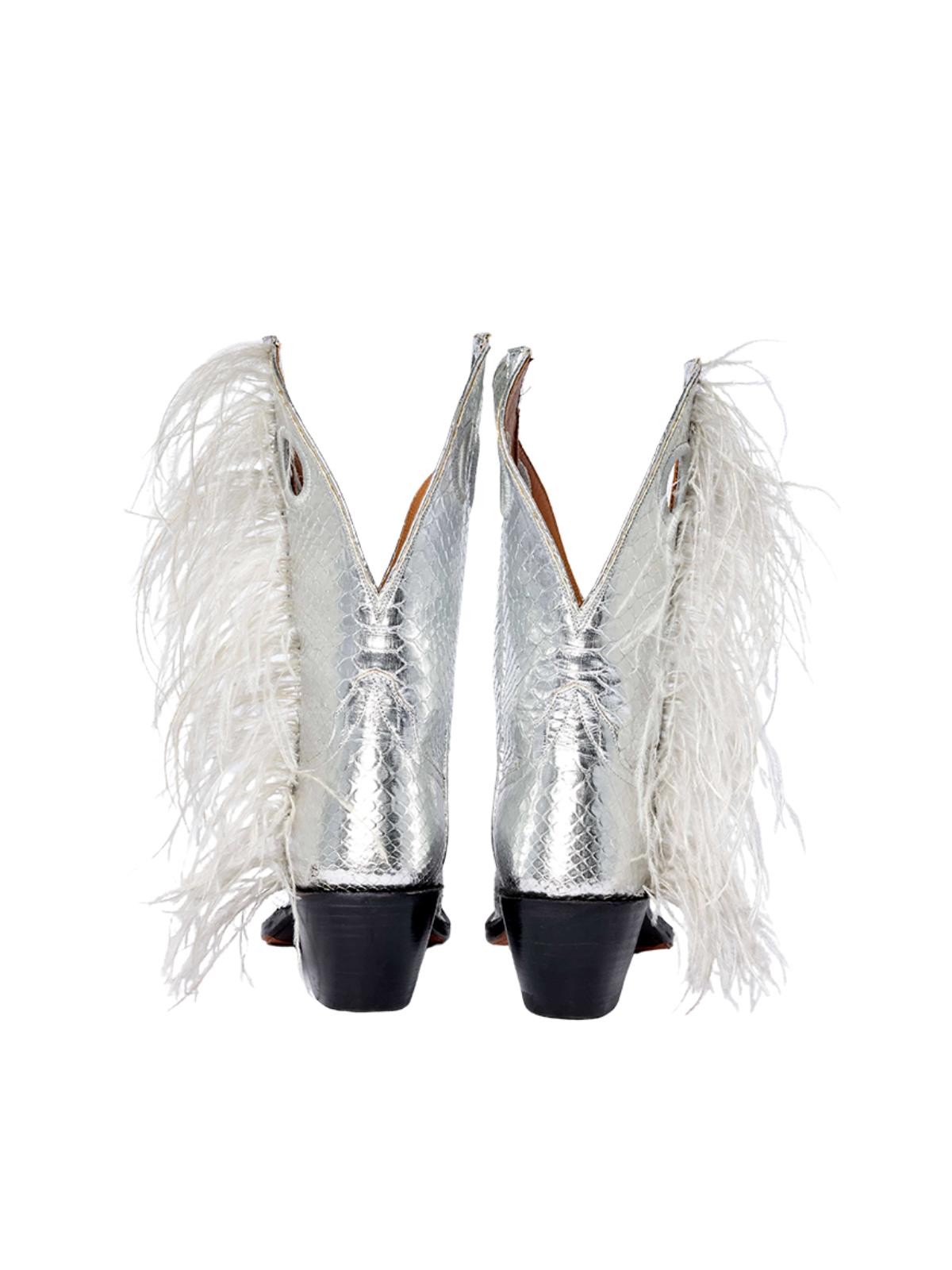 Metallic Silver Snakeskin Snip-Toe Ostrich Feather Cutout Wide Mid Calf Cowgirl Boots