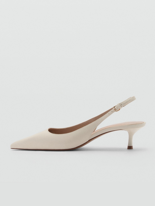 Ivory Pointed-Toe Simple Slingback Kitten Heels