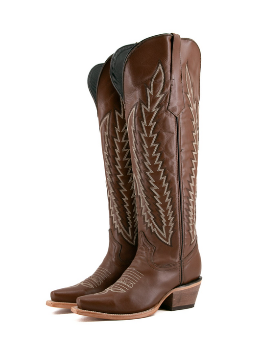 Brown Embroidery Snip-Toe Half-Zip Western Knee High Tall Boots