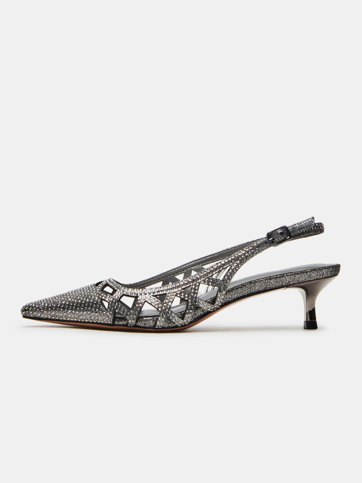 Metallic Pewter Pointed-Toe Slingback Hallow Out Rhinestone Pump Kitten Heels