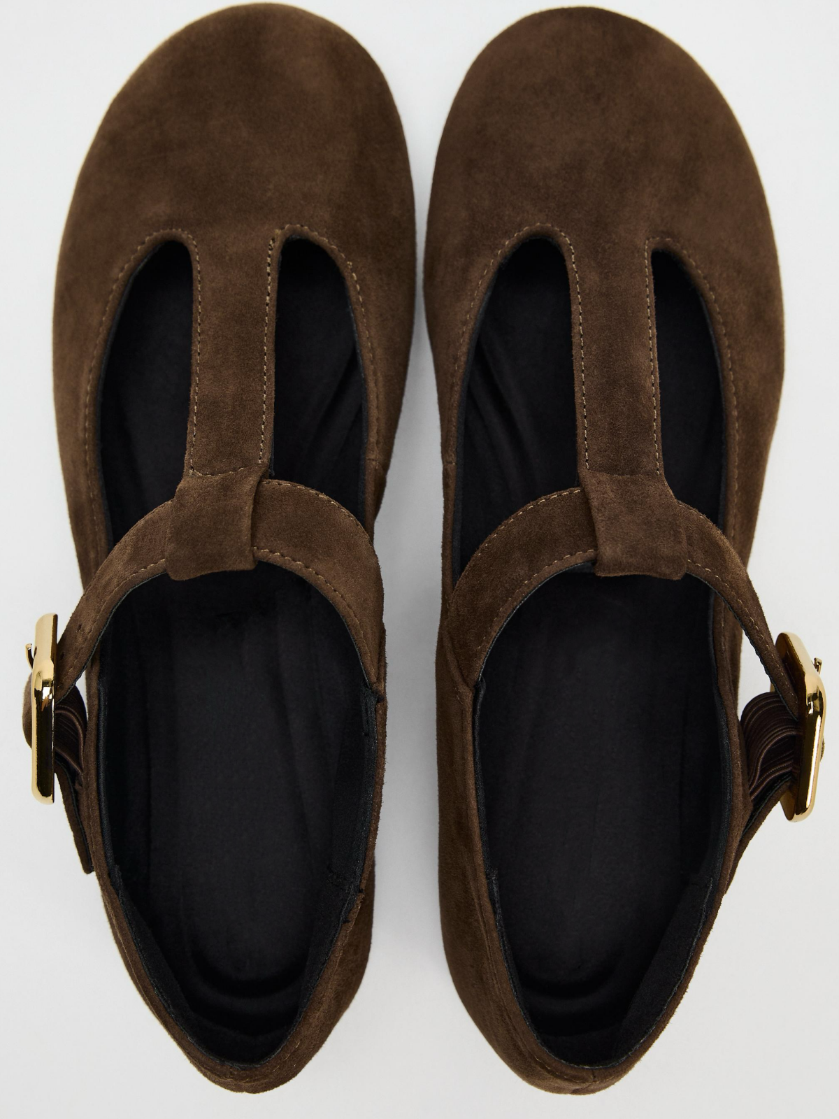 Dark Tan Round-Toe Mary Janes With Buckle Ballet Flats