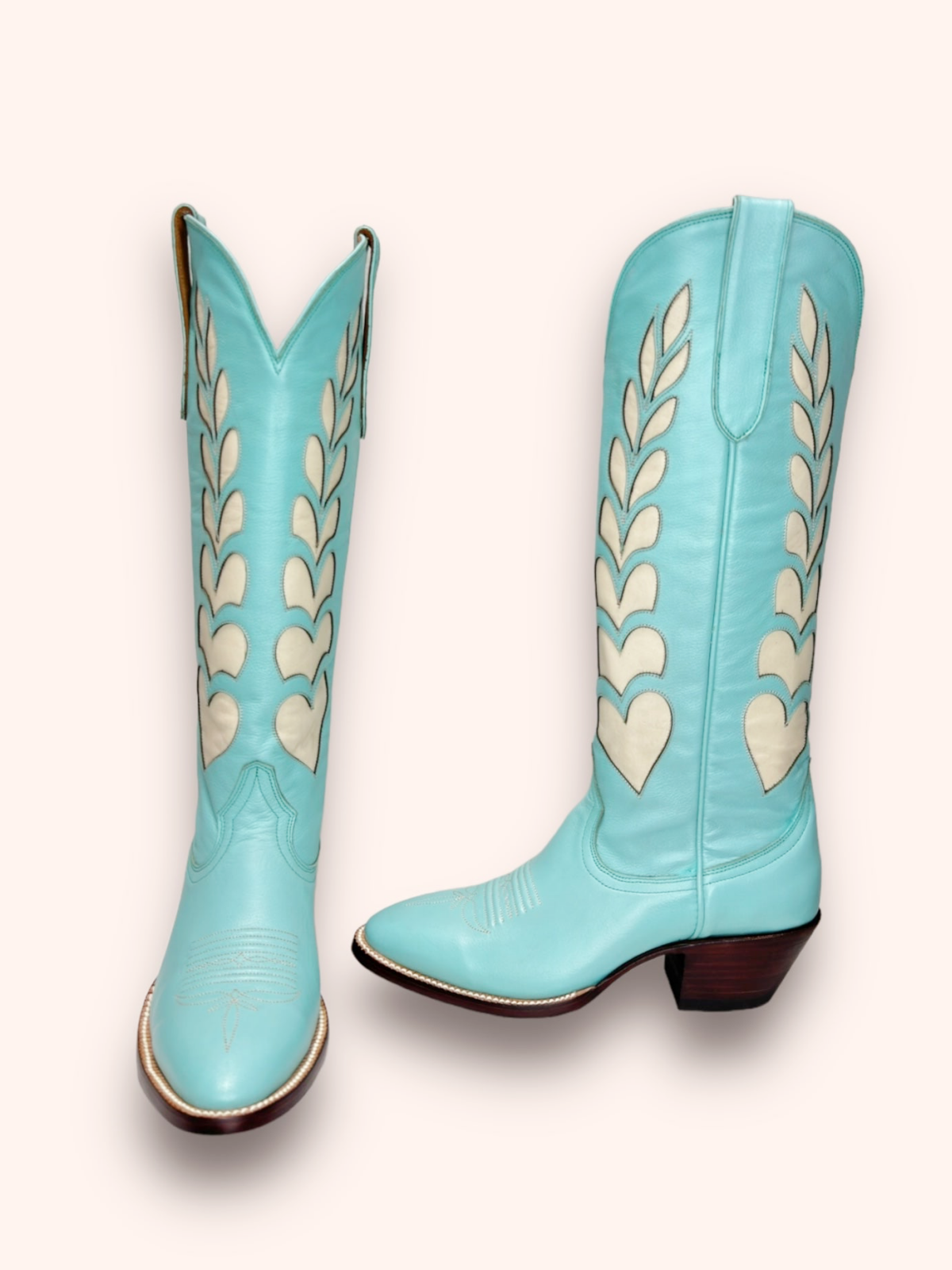 Heart Inaly Almond-Toe Wide Mid Calf Tall Cowgirl Boots - Light Blue