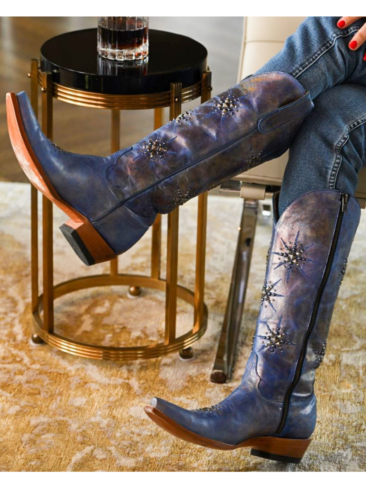 Metallic Blue Snip-Toe Studded Stars Full-Zip Mid Calf Cowgirl Boots