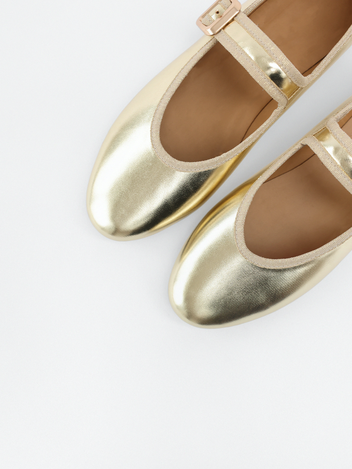 Metallic Gold Buckled Detailed Oval Ballet Flats Mary Janes With Wide Strap