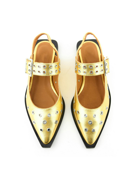 Metallic Gold Grommet Eyelet Buckle Pointy Flats Mary Janes Slingbacks