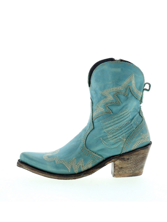 Turquoise Round Pointed-Toe Embroidery Full-Zip Ankle Booties