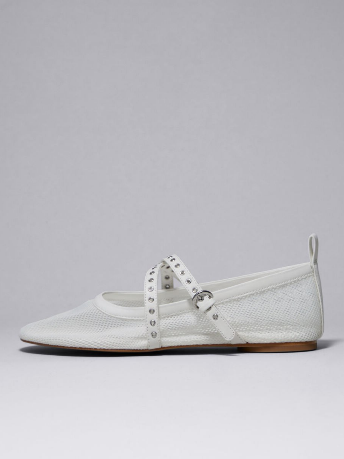 White Mesh Round Toe Ballet Flats With Crossed Grommet Eyelet Buckled Strap