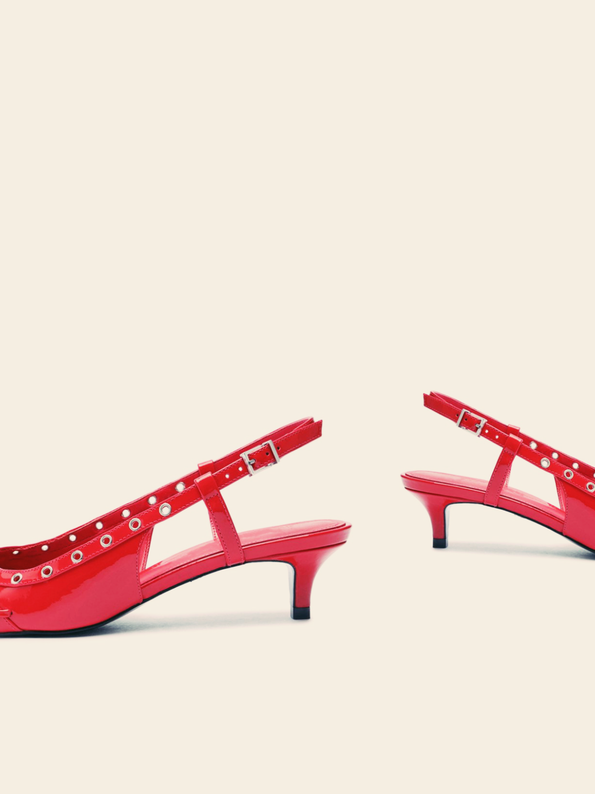 Red Patent Strappy Eyelet Pointy Kitten Heels Slingback Pumps