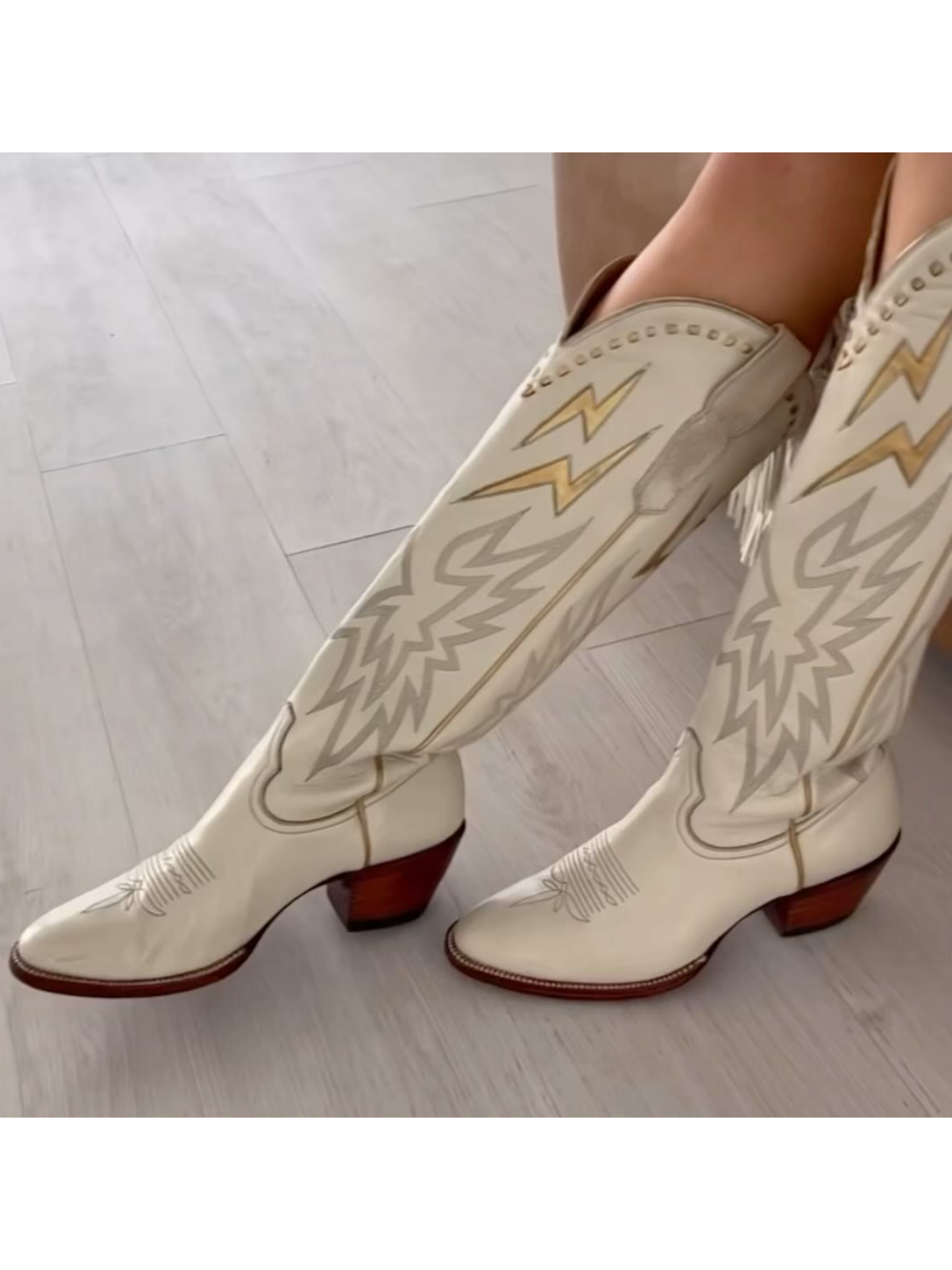 Metallic Gold Lightning Inlay Stitch Embroidery Almond-Toe Wide Mid Calf Tall Cowgirl Boots - Bone