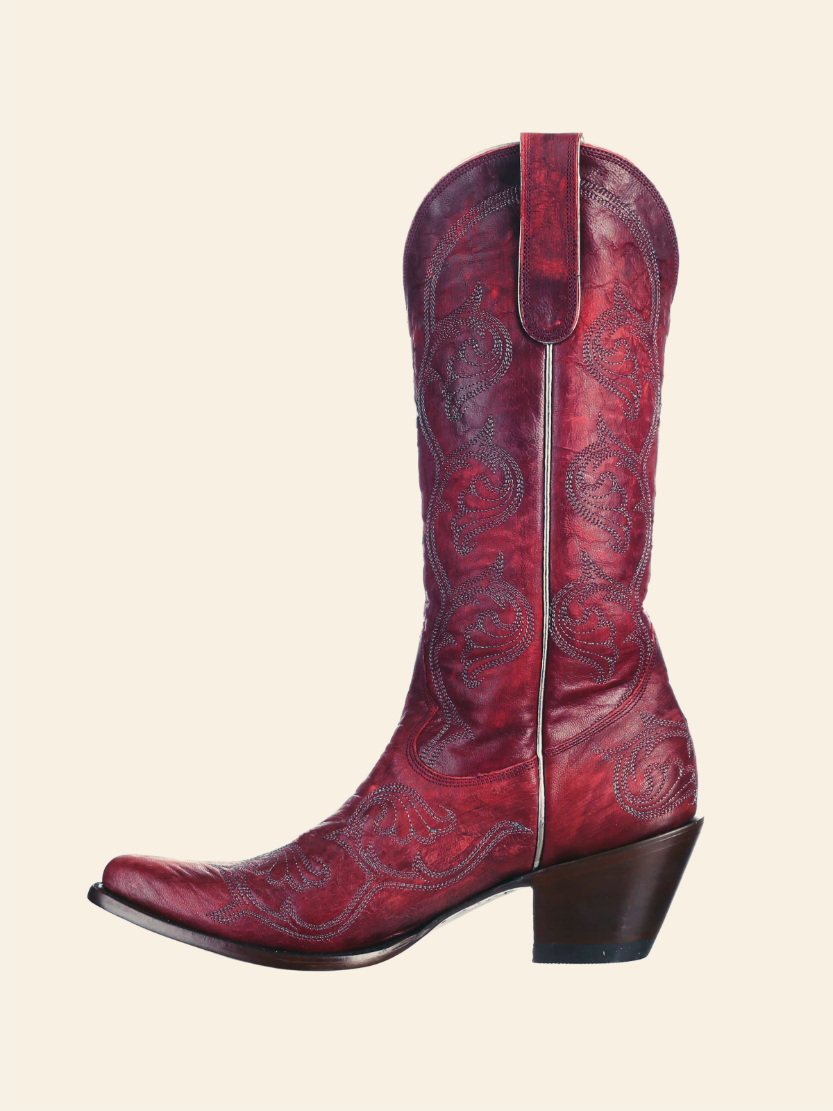 Crimson Red Distressed Embroidery Pointed-Toe Wide Mid Calf Cowgirl Boots Western Tall Boots