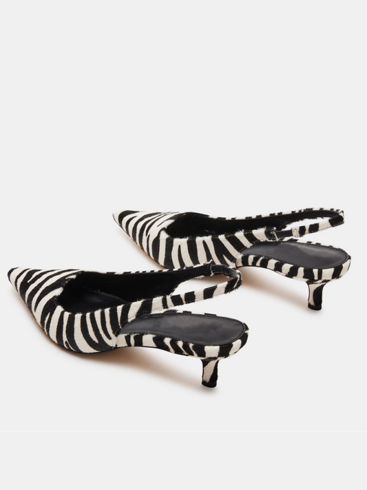 Zebra-Print Pony Hair Pointed-Toe Slingback Strap Kitten Heels