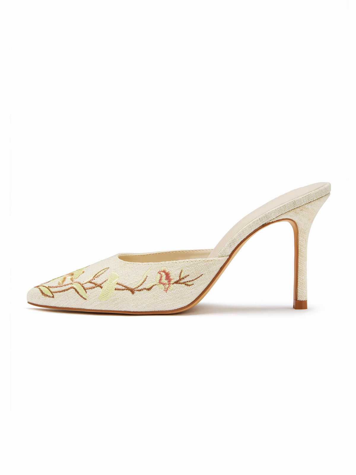 Beige Woven Canvas Pointed-Toe Flower Embroidery Slip-On High Heels