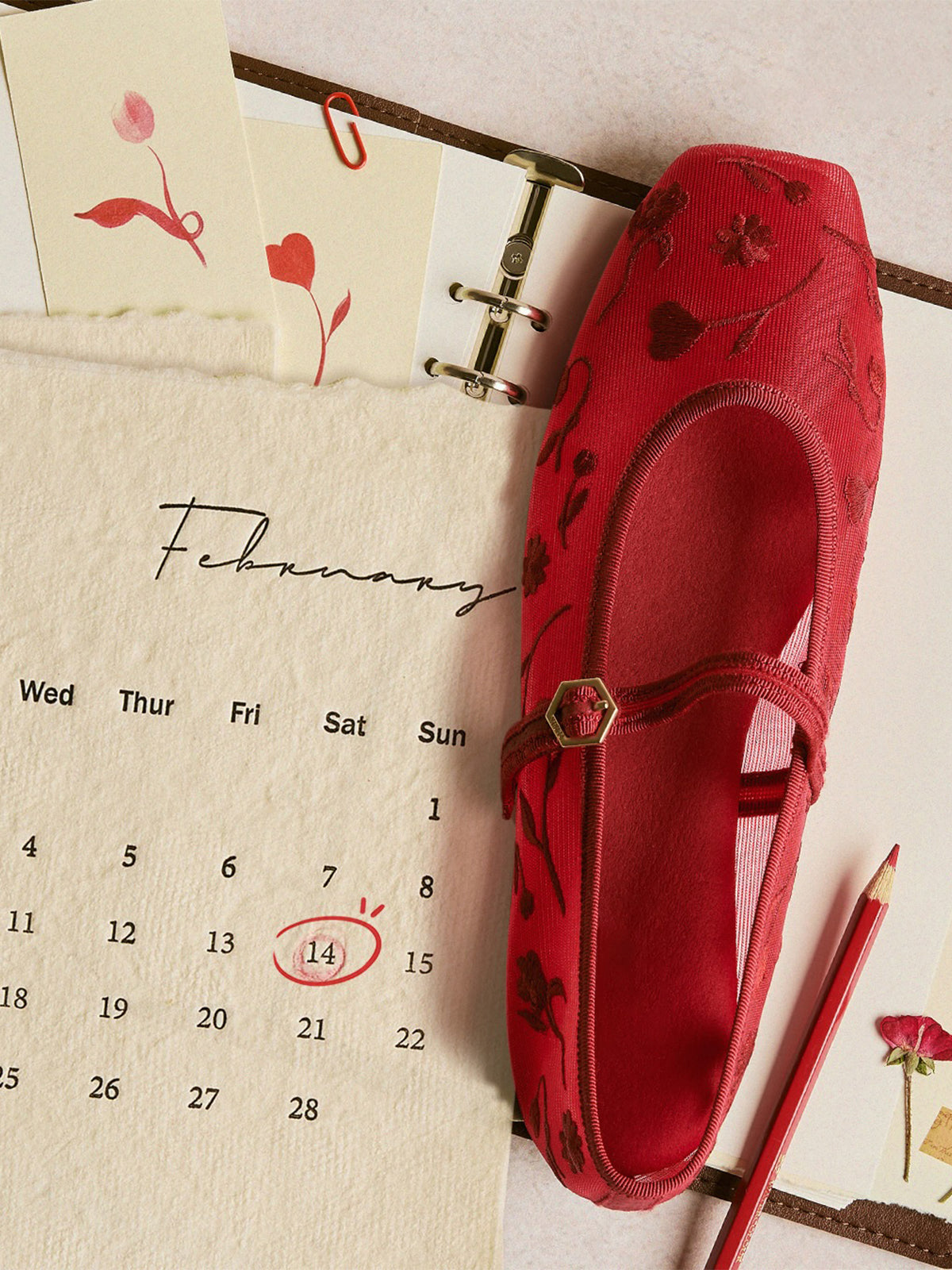 Mesh And Satin Square-Toe Floral Embroidery Mary Jane Flats - Red