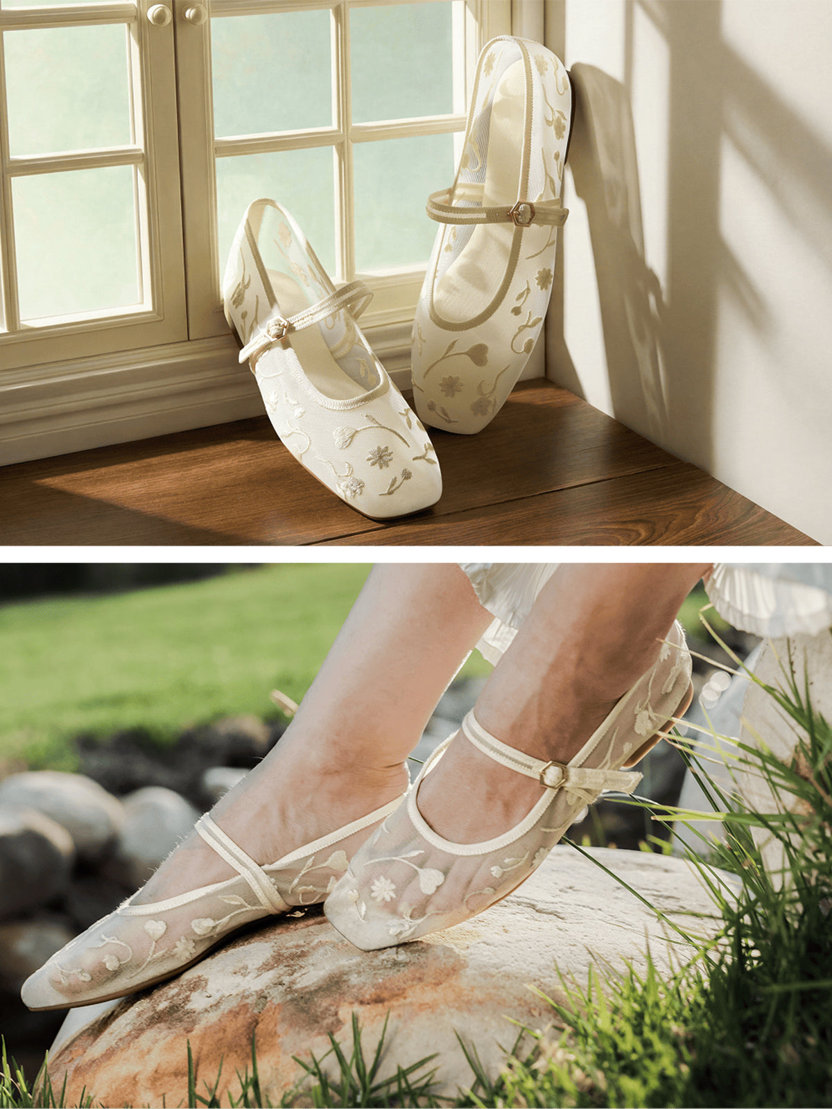 Mesh And Satin Square-Toe Floral Embroidery Mary Jane Flats - Cream