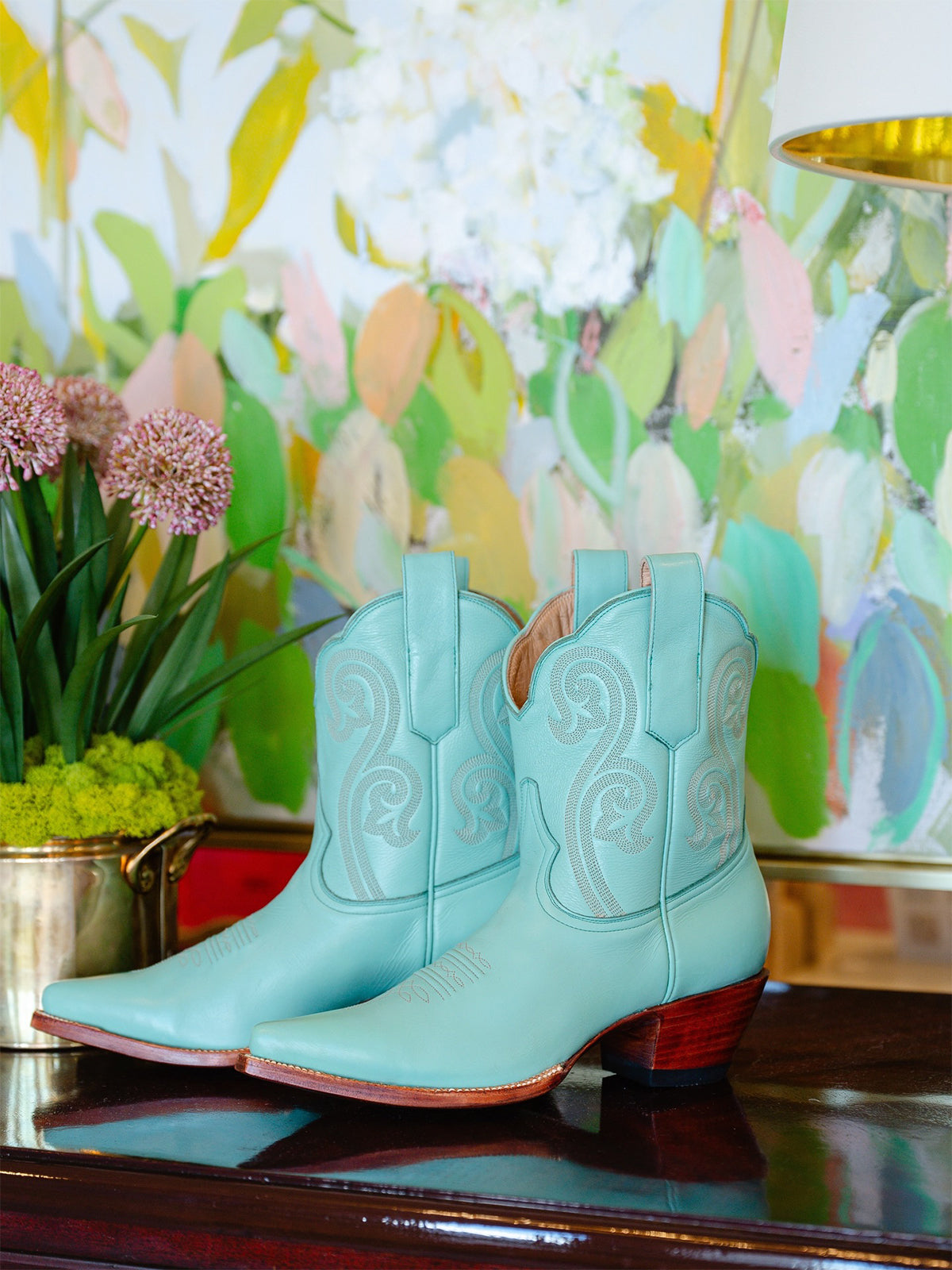 Green Almond-Toe Embroidery Ankle Booties