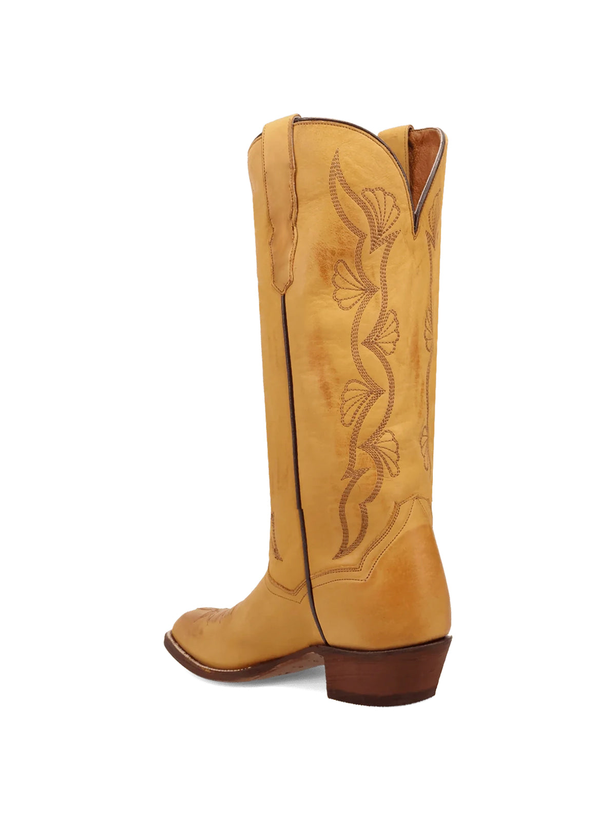 Mustard Yellow Almond-Toe Fan-Shaped Embroidery Wide Knee High Cowgirl Boots