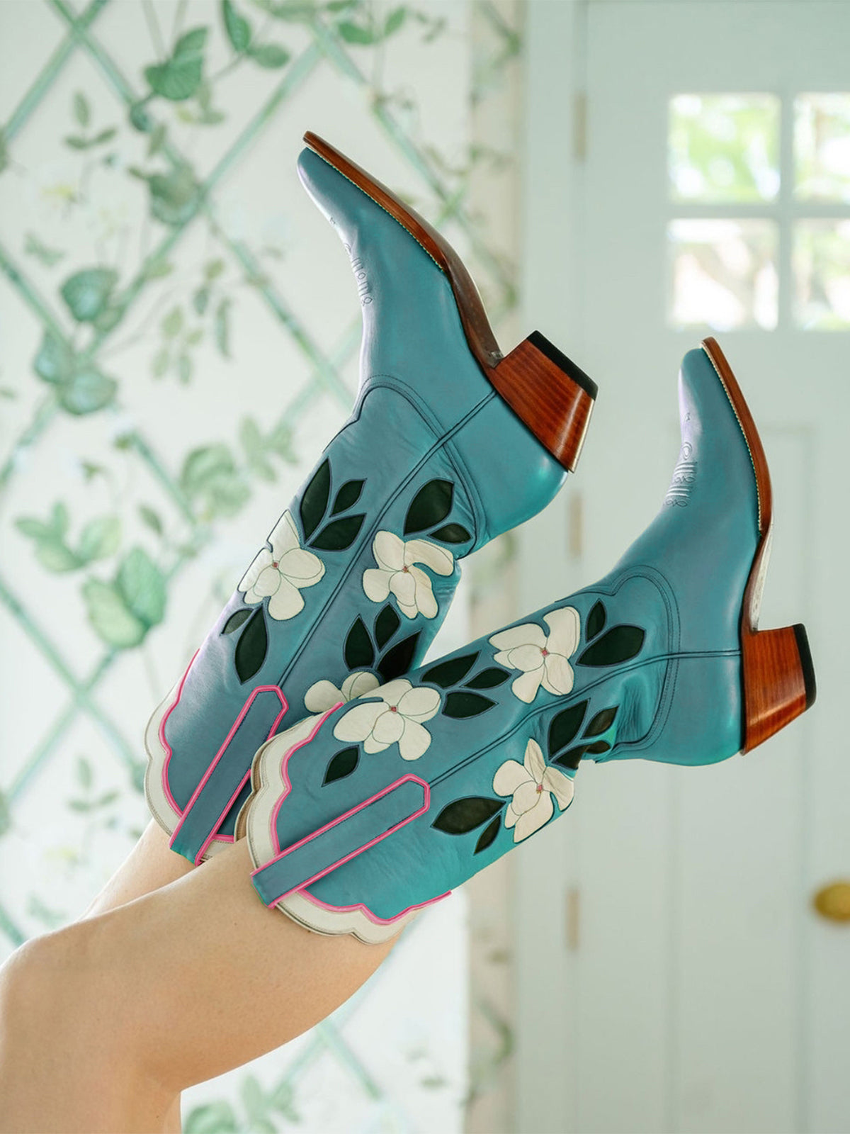 Ink Blue Almond-Toe White Flower Inlay Wide Calf Knee High Cowgirl Boots