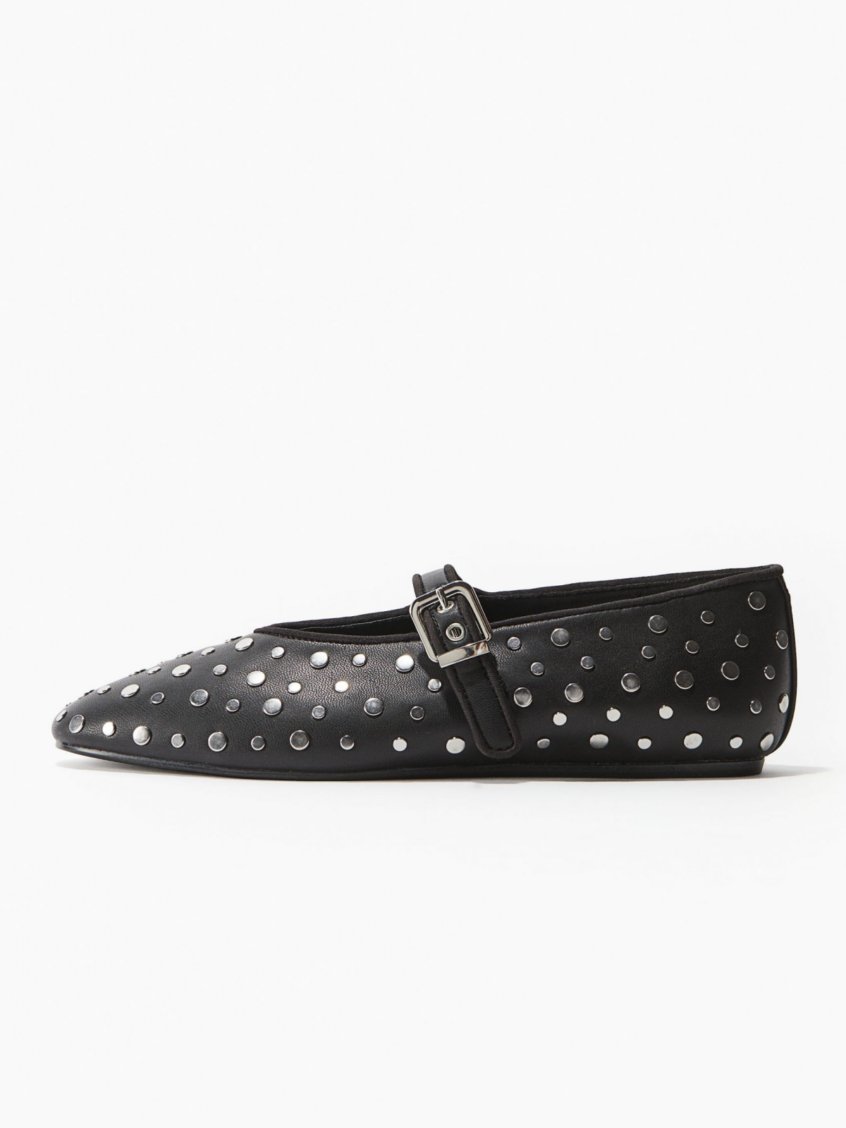 Black Almond-Toe Studded Adjustable Metal Clasp Mary Janes Ballet Flats