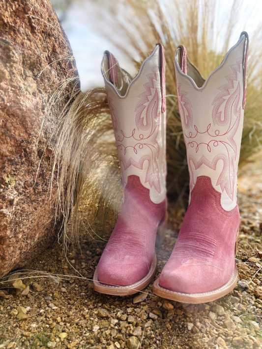 Contrast Rose Pink Faux Suede And White Embroidery Square-Toe Wide Mid Calf Cowgirl Tall Boots