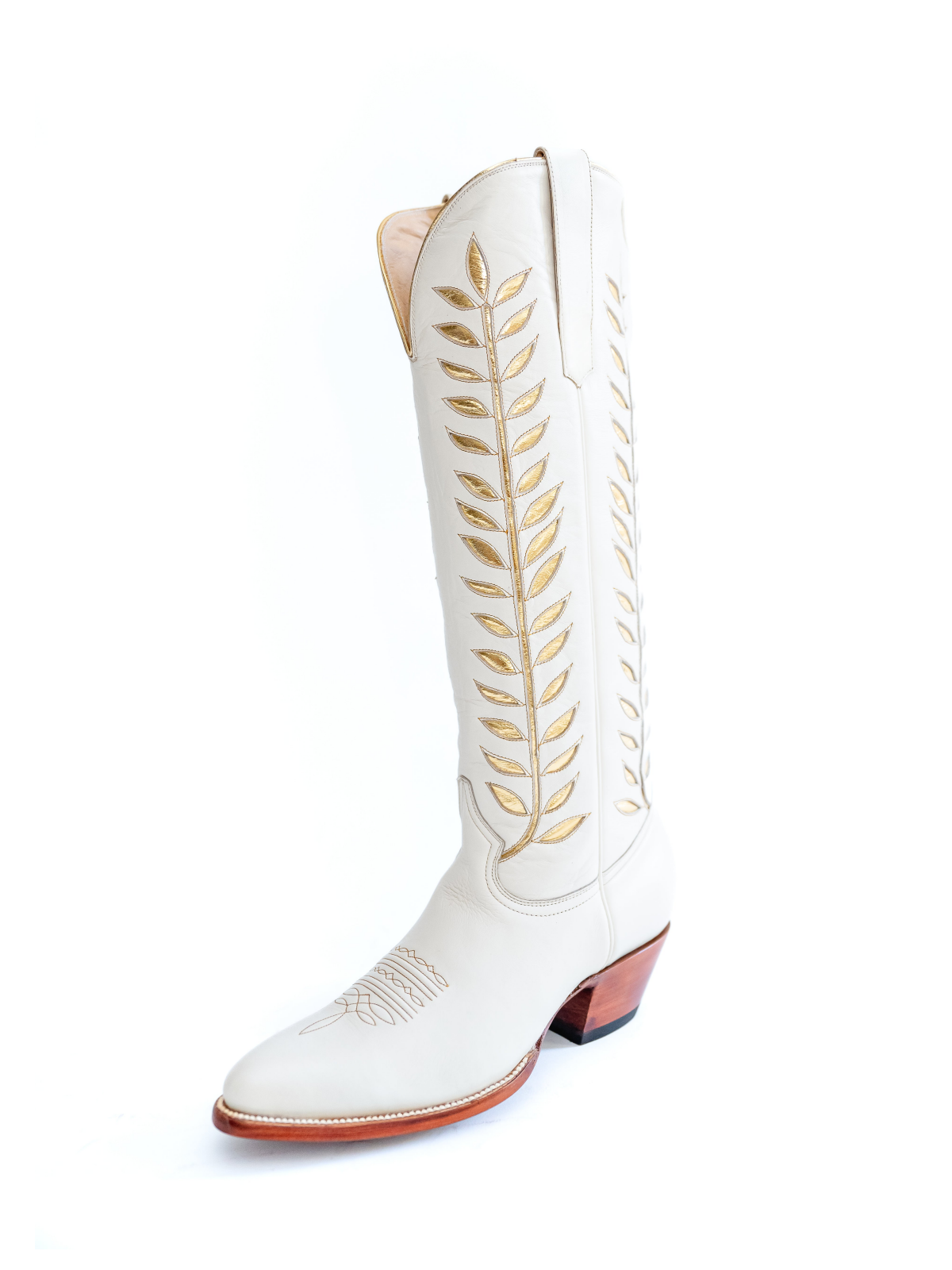 Almond-Toe Metallic Gold Leaves Inlay Wide Calf Tall Knee High Cowgirl Boots - White