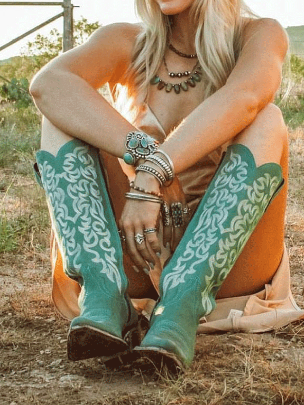 Embroidery Almond-Toe Full-Zip Knee High Tall Cowgirl Boots - Green