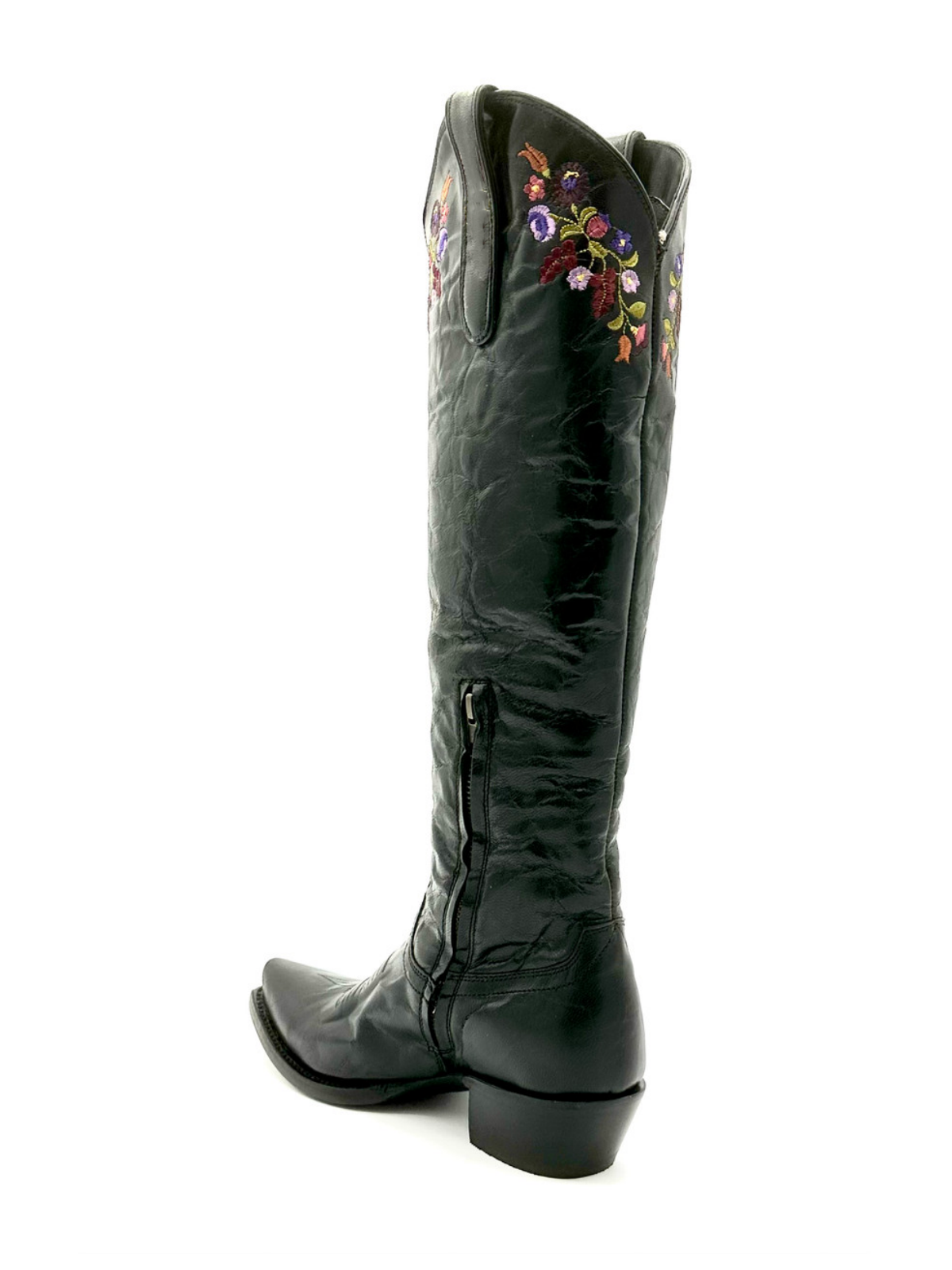 Distressed Black Snip-Toe Colorful Floral Embroidery Half-Zip Tall Knee High Cowgirl Boots