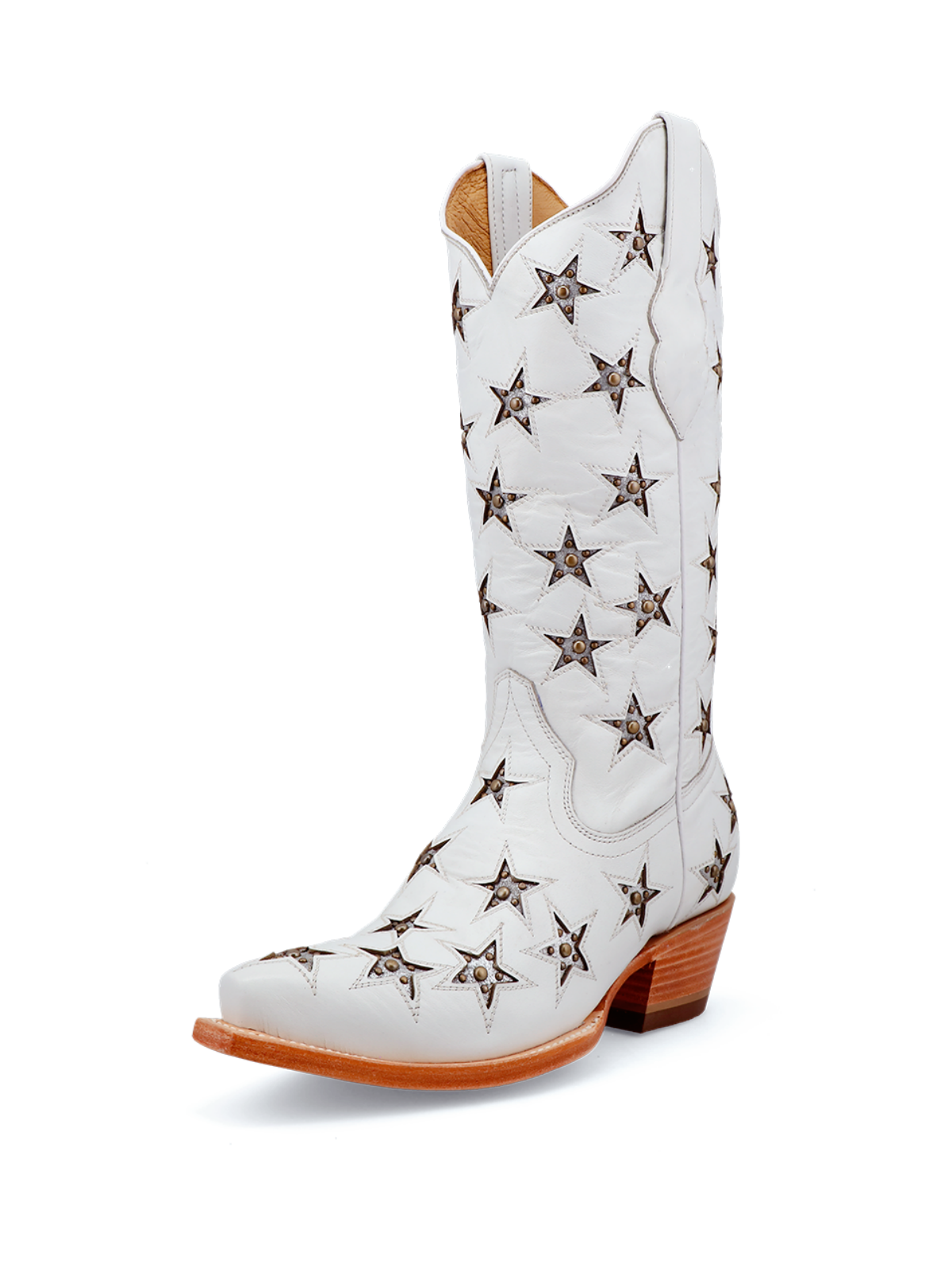 White Studded Snip-Toe Mid Calf Western Boots Cowgirl Boots With Silver Star Inlay