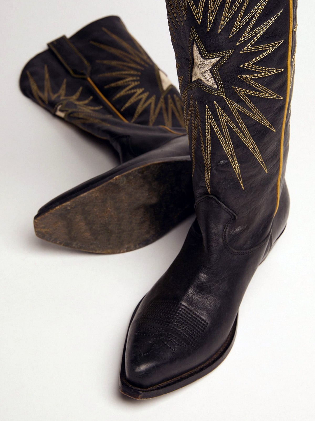 Black Snip-Toe Platinum Star Burst Inlay Embroidery Wide Calf Tall Knee High Cowgirl Boots