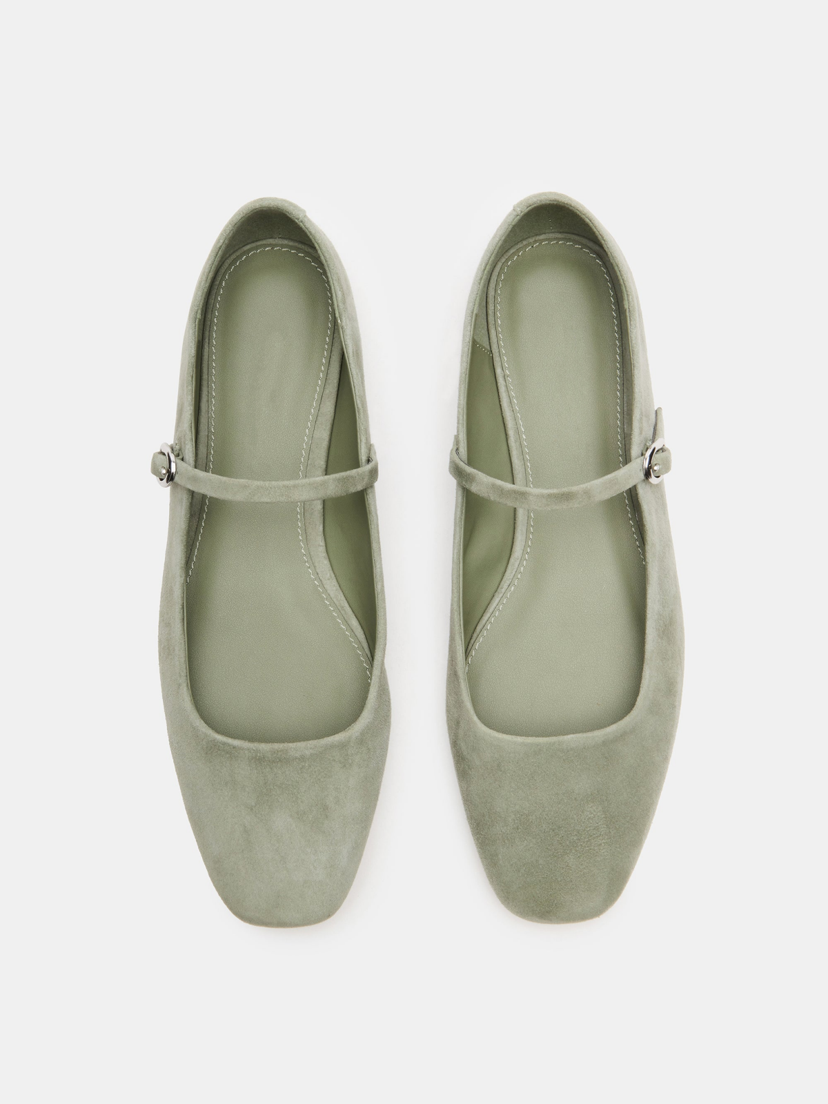 Gray Faux Suede Square-Toe Mary Janes Ballet Flats With Bridge Strap