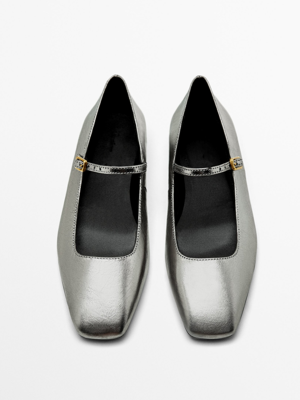 Metallic Silver Square-Toe Bridge Strap Side Buckle Ballet Flats