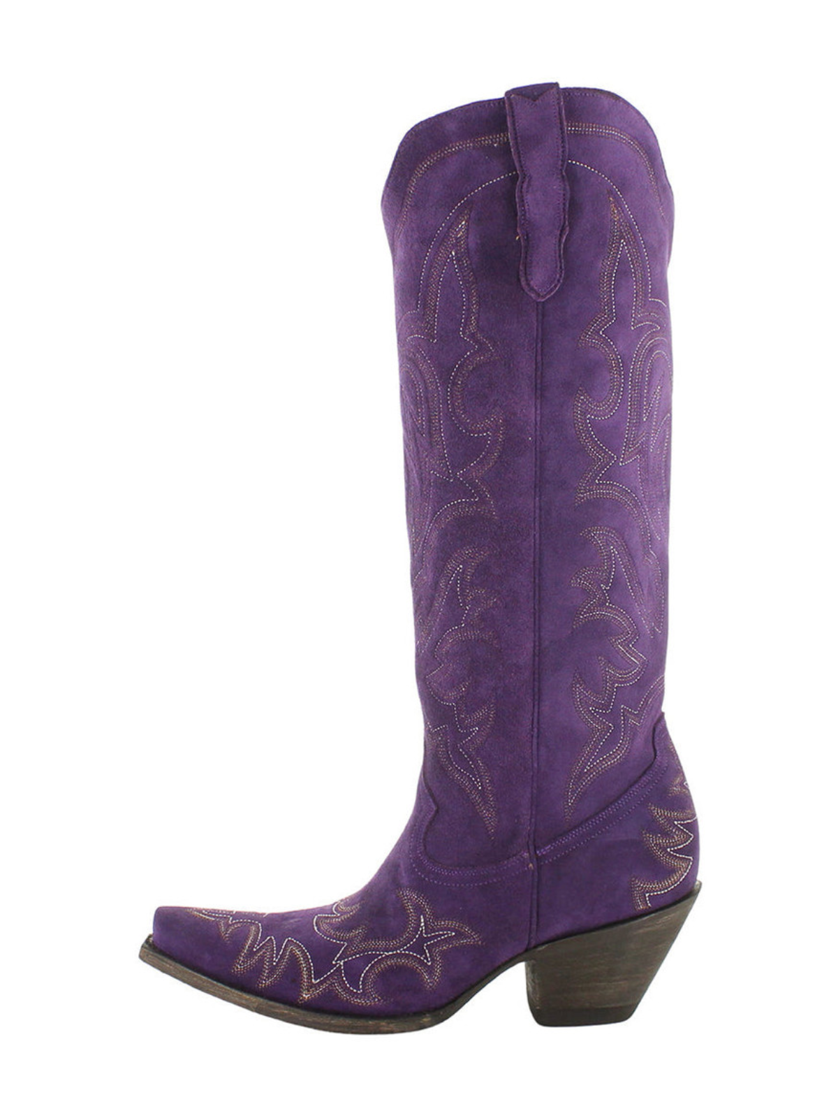 Purple Faux Suede Embroidery Snip-Toe Half-Zip Knee High Tall Cowgirl Boots