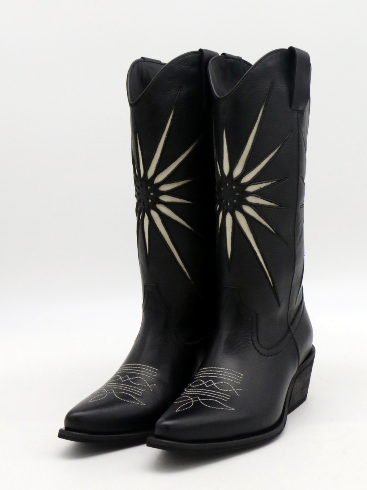 Black Snip-Toe Radial Inlay Wide Mid Calf Tall Cowgirl Boots