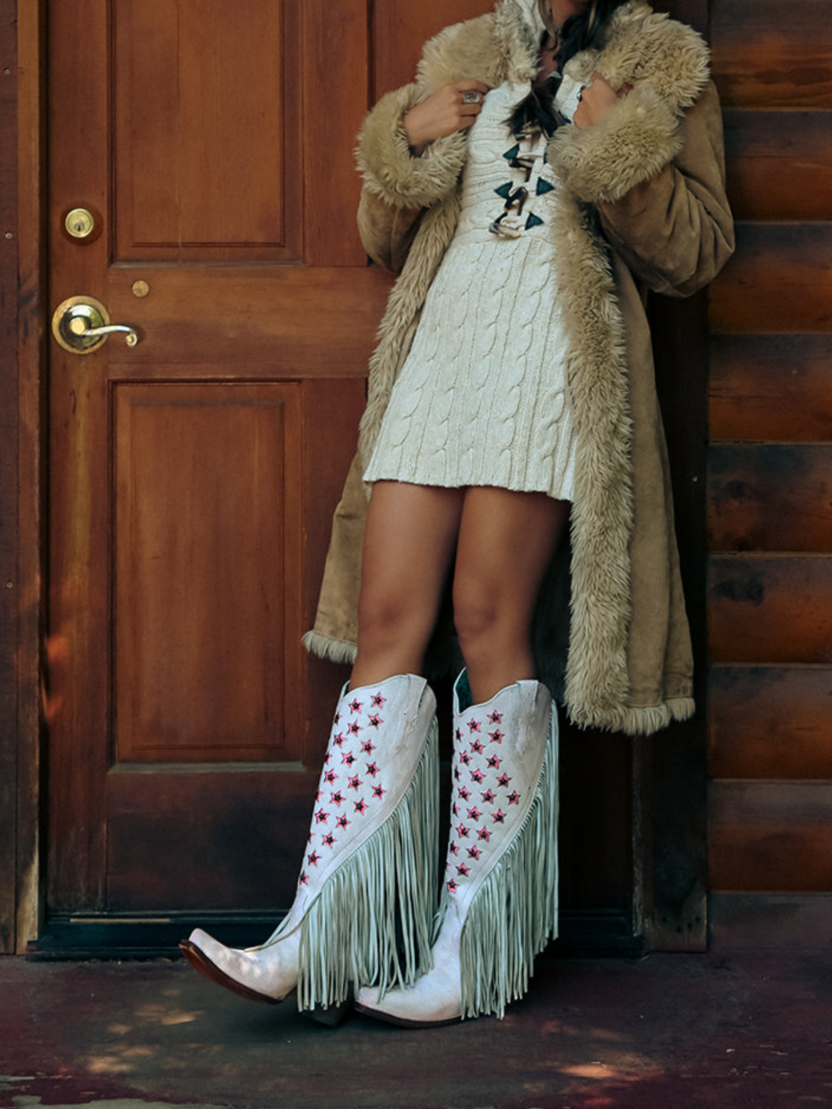 White Crinkle Star Studs Pink Inlay Fringe Snip-Toe Wide Mid Calf Tall Cowgirl Boots