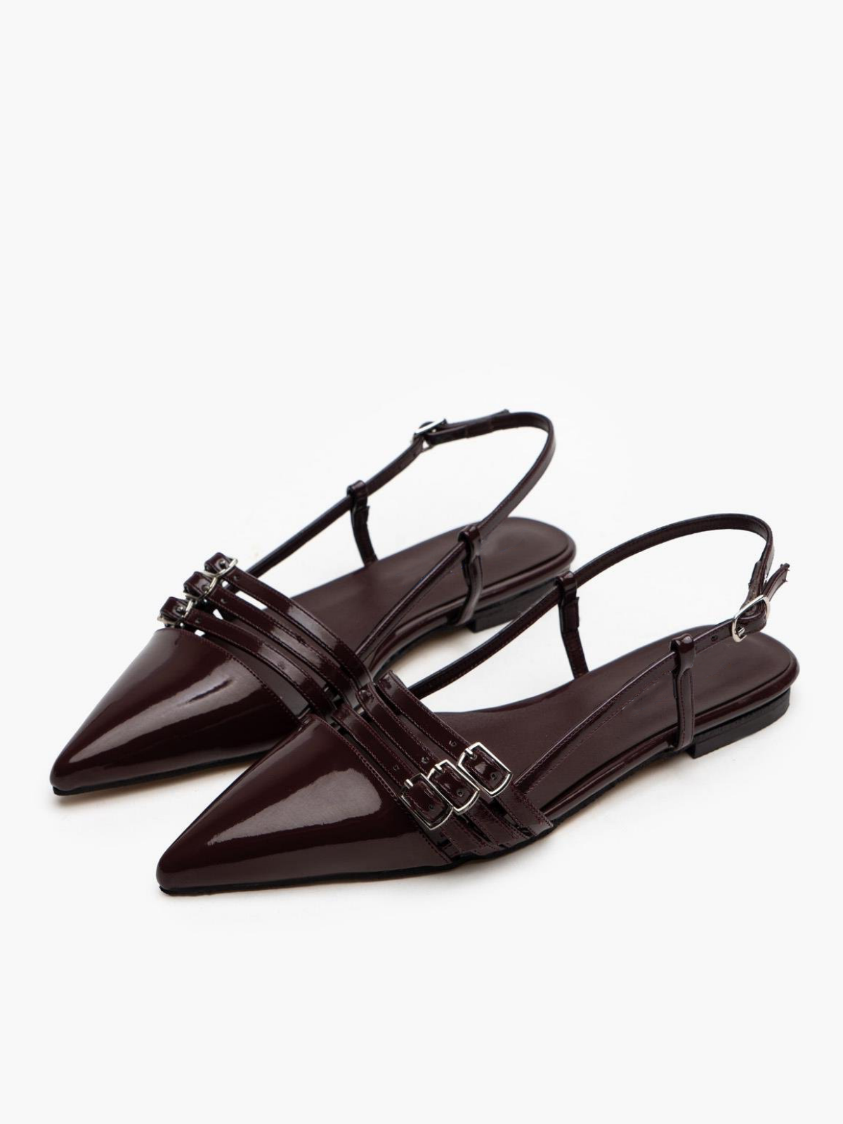 Claret Red Patent Pointy Ballet Flats Slingbacks With Tripple Parallel Straps