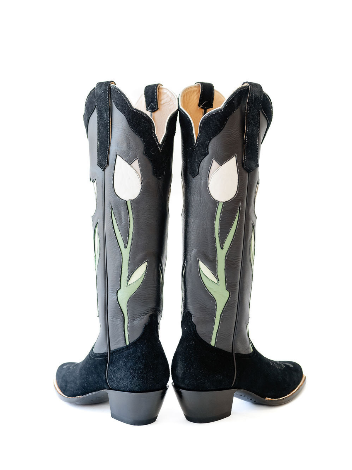 Black Contrast Vegan Leather And Faux Suede Almond-Toe Tulip Inlay Wide Calf Knee High Cowgirl Boots