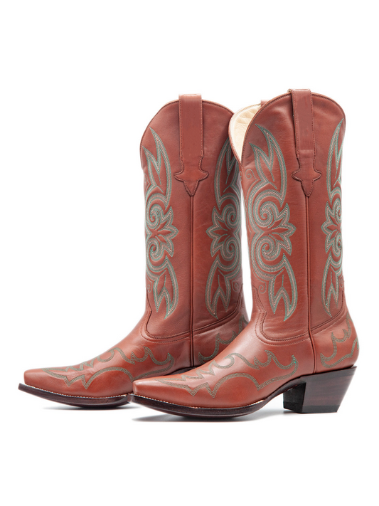 Cognac Embroidery Snip-Toe Wide Mid Calf Tall Cowboy Boots For Women