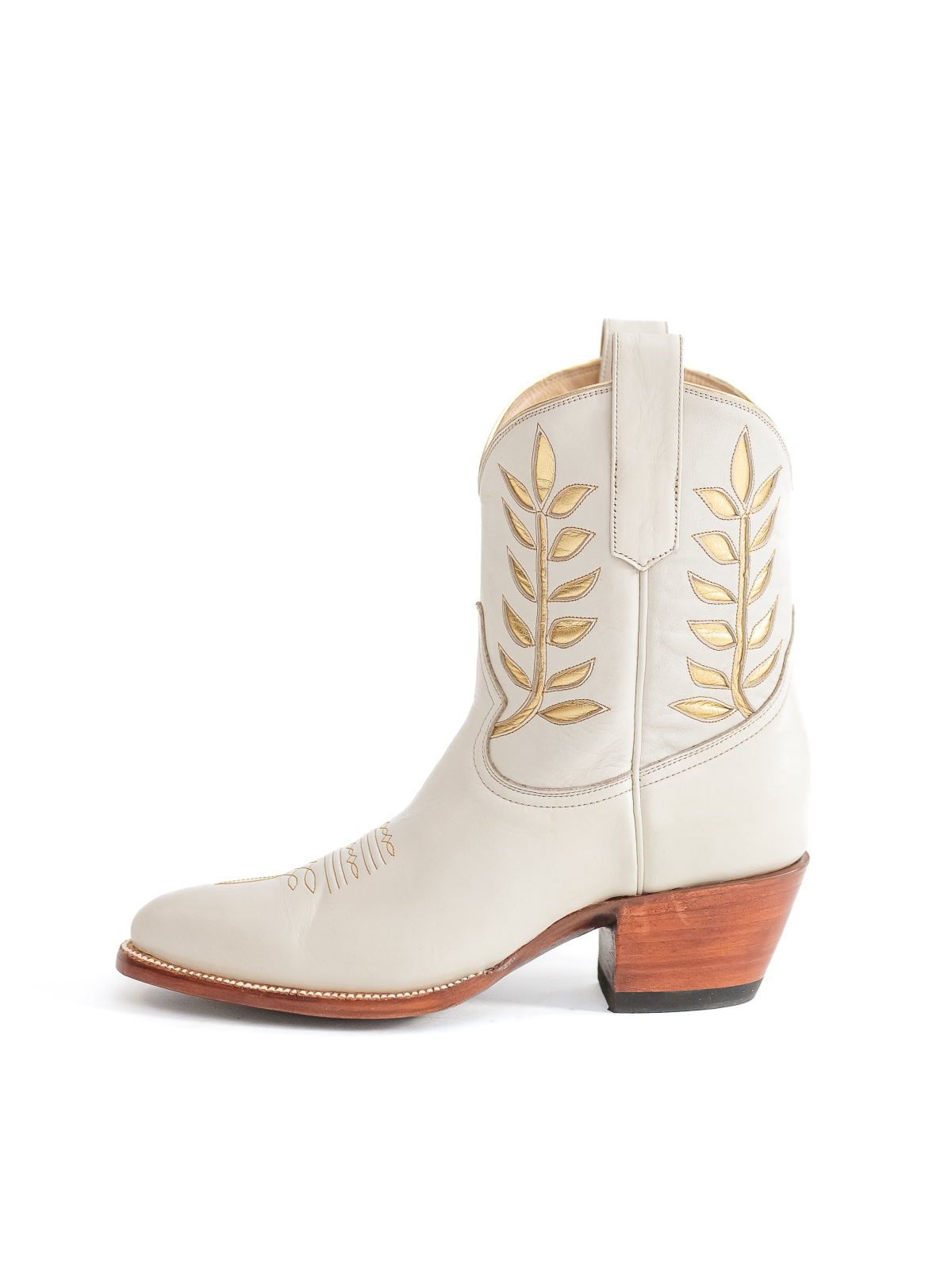 White Almond-Toe Metallic Gold Leaves Inlay Wide Mid Calf Cowgirl Boots