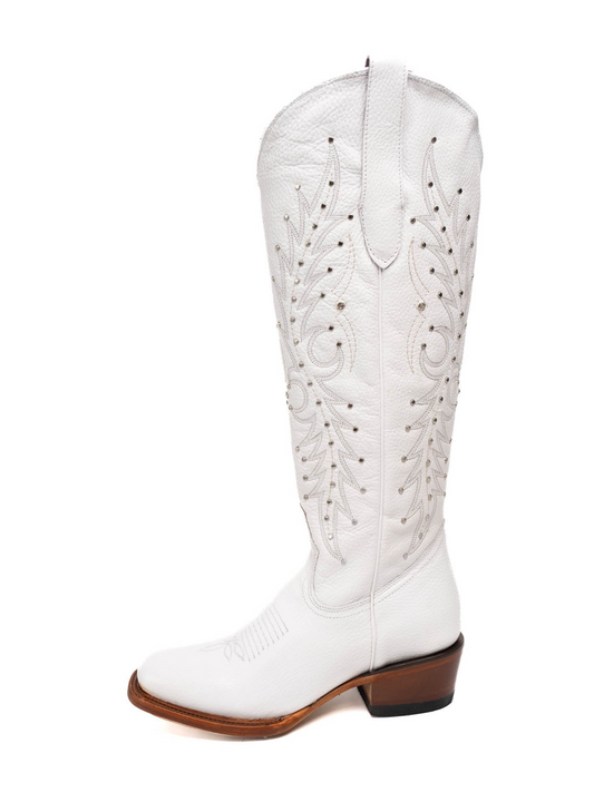 Studded Rhinestone Square-Toe Embroidery Half-Zip Tall Knee High Cowgirl Boots - White