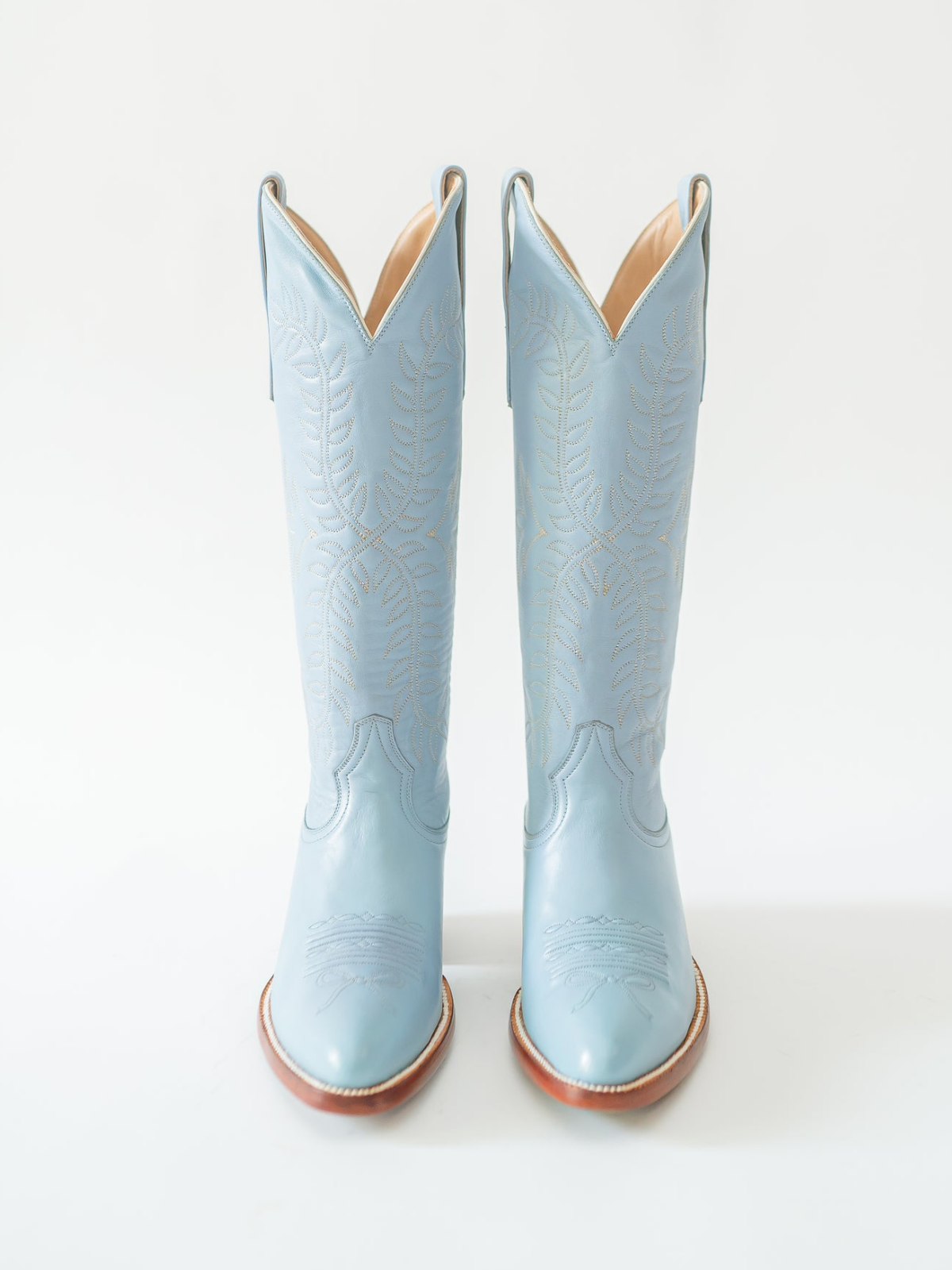 Leaves Embroidery Almond-Toe Wide Mid Calf Cowgirl Boots - Powder Blue