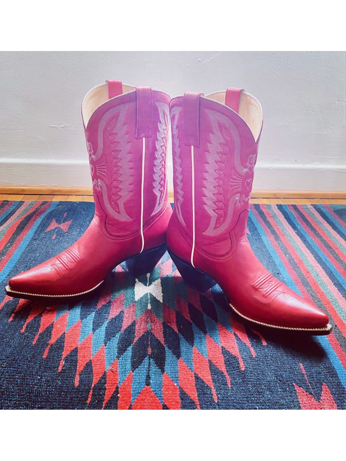 Red Eagle And Heart Embroidery Pointed-Toe Wide Mid Calf Cowgirl Boots