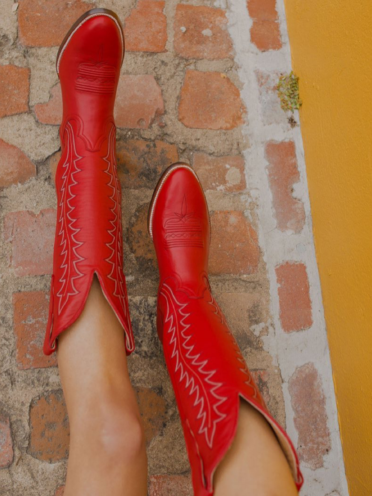 Red Vegan Leather Embroidery Almond-Toe Wide Mid Calf Tall Cowgirl Boots