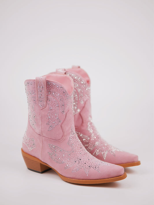 Light Pink Faux Suede Rhinestone Cowgirl Boots Wide Calf Western Boots