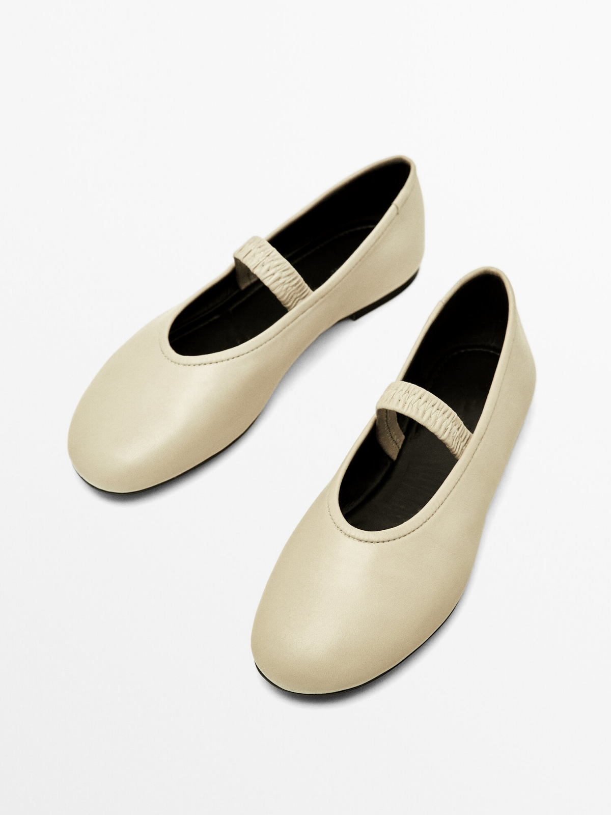 Cream Round-Toe Elastic Strap Mary Janes Ballet Flats