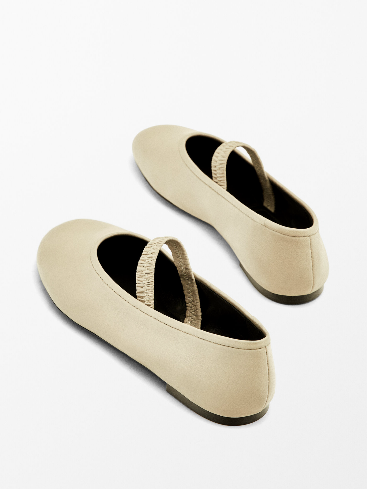 Cream Round-Toe Elastic Strap Mary Janes Ballet Flats