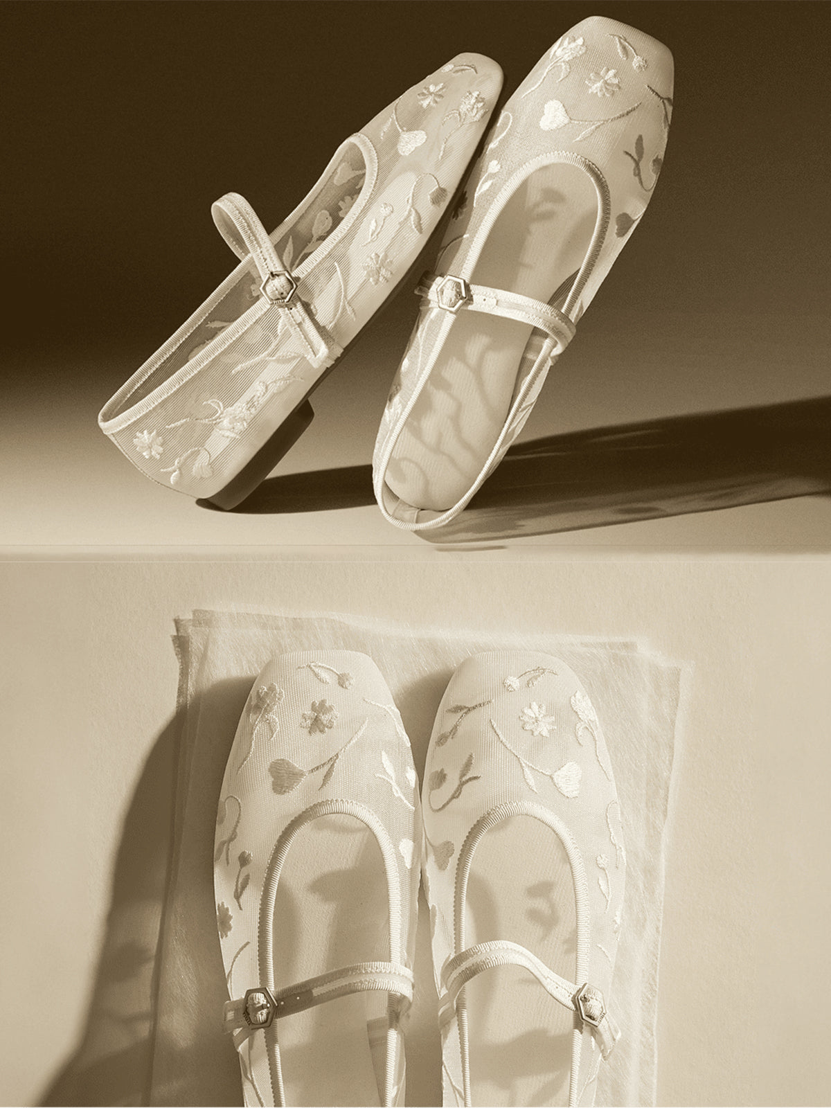 Mesh And Satin Square-Toe Floral Embroidery Mary Jane Flats - Cream