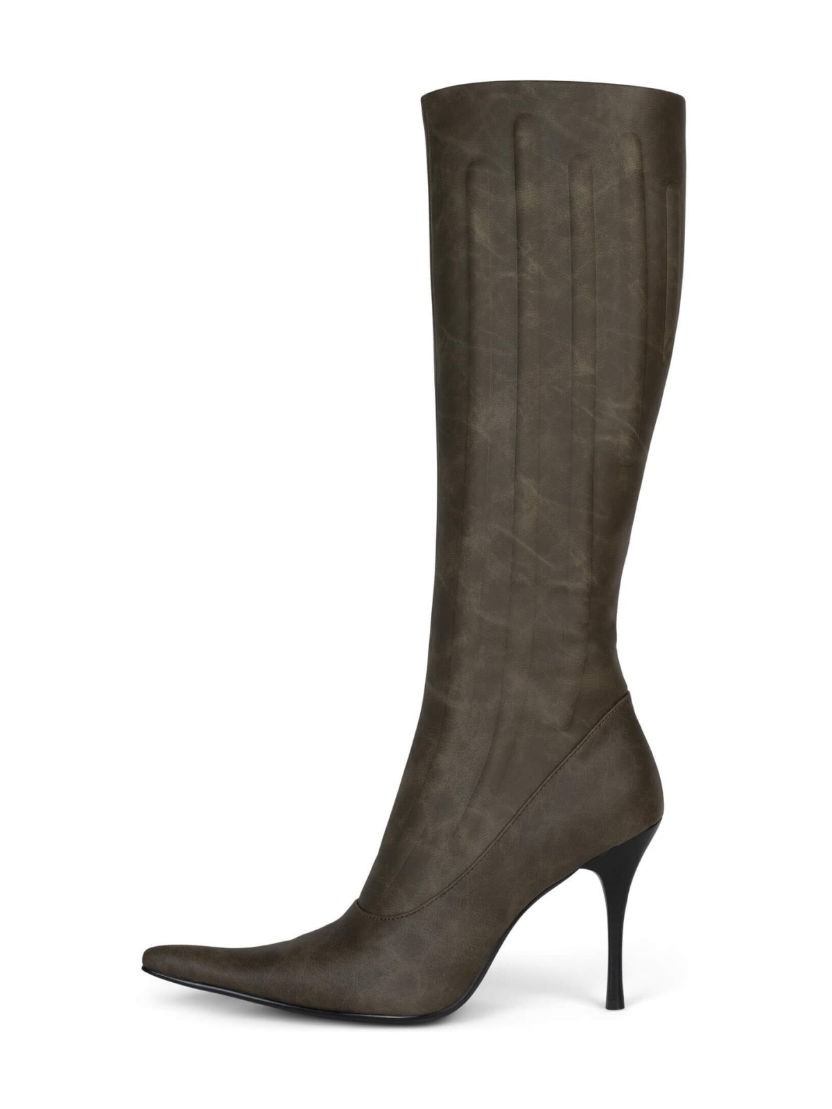 Distressed Olive Green Pointed-Toe Padded Full-Zip Mid Calf Stiletto Boots