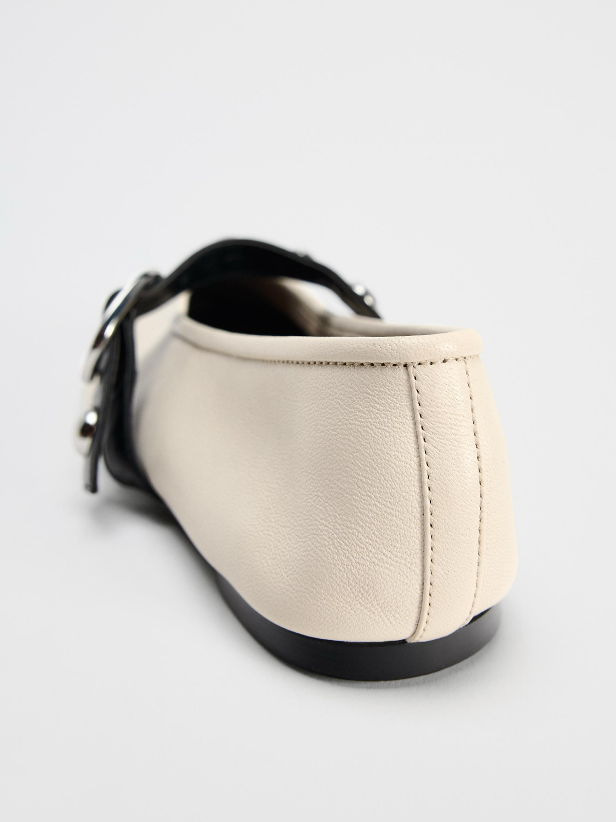 Ivory Round-Toe Studded Strap With Buckle Closure At Instep Ballet Flats