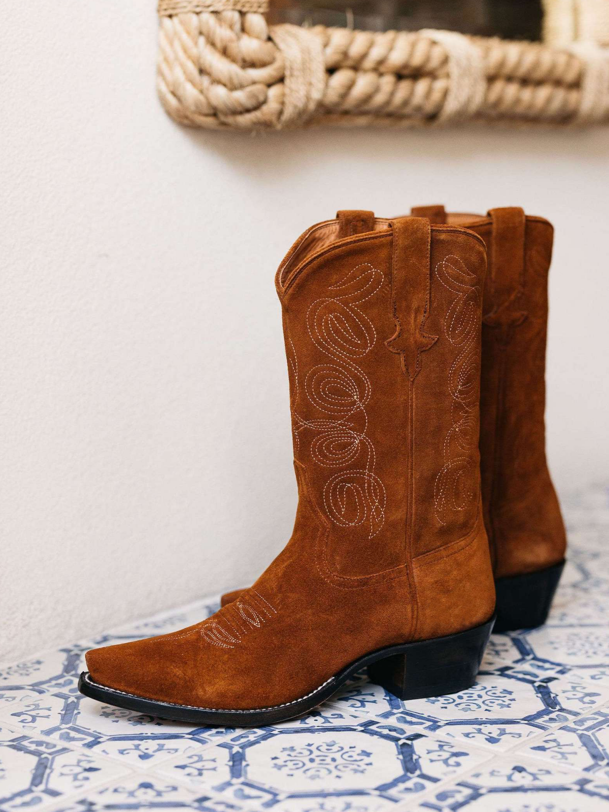 Brown Faux Suede Embroidery Cowgirl Boots Wide Calf Western Boots